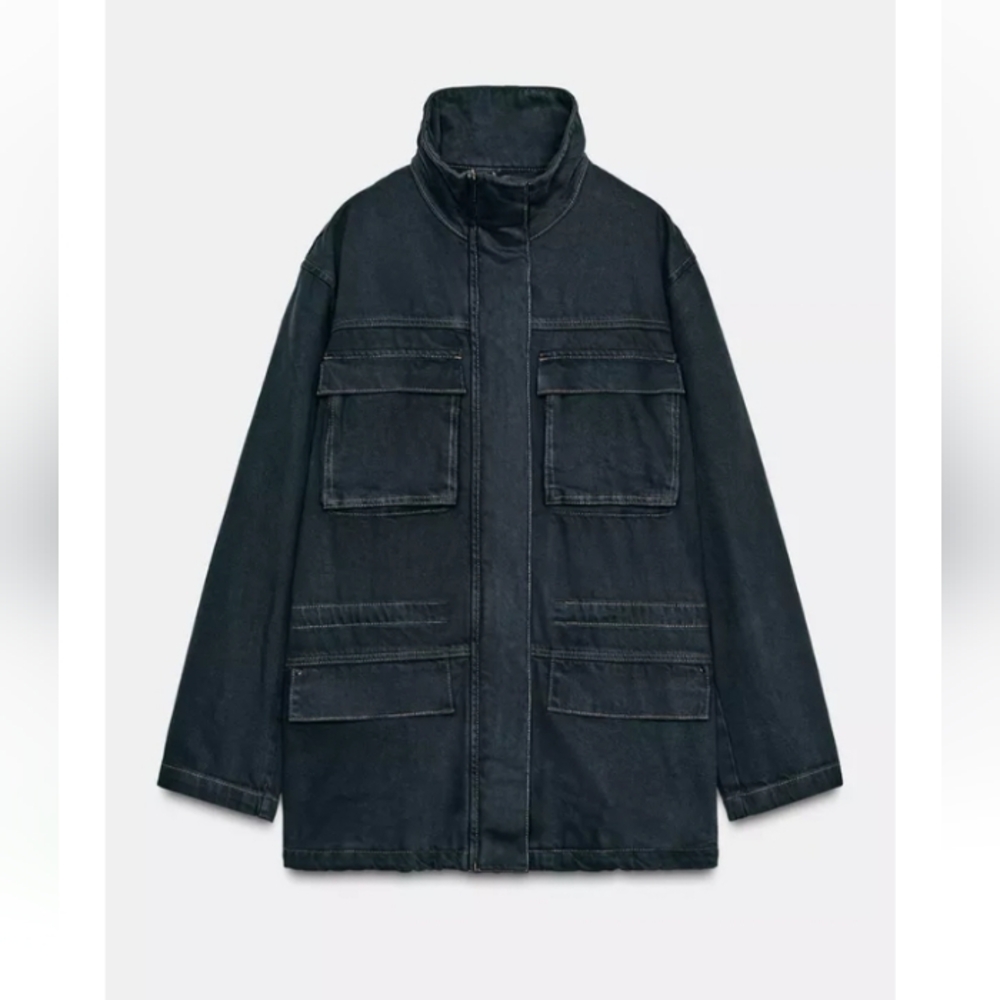 Zara Topstiching High Neck Denim Utility Jacket Sz-M